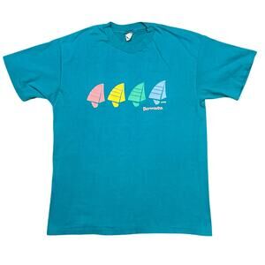 Bermuda 1985 Vintage Sailboat Multicolor Teal Single Stitch T-Shirt Mens Large